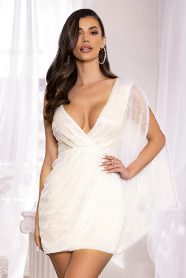 Petite Ivory Sequin One Shoulder Wrap Mini Dress